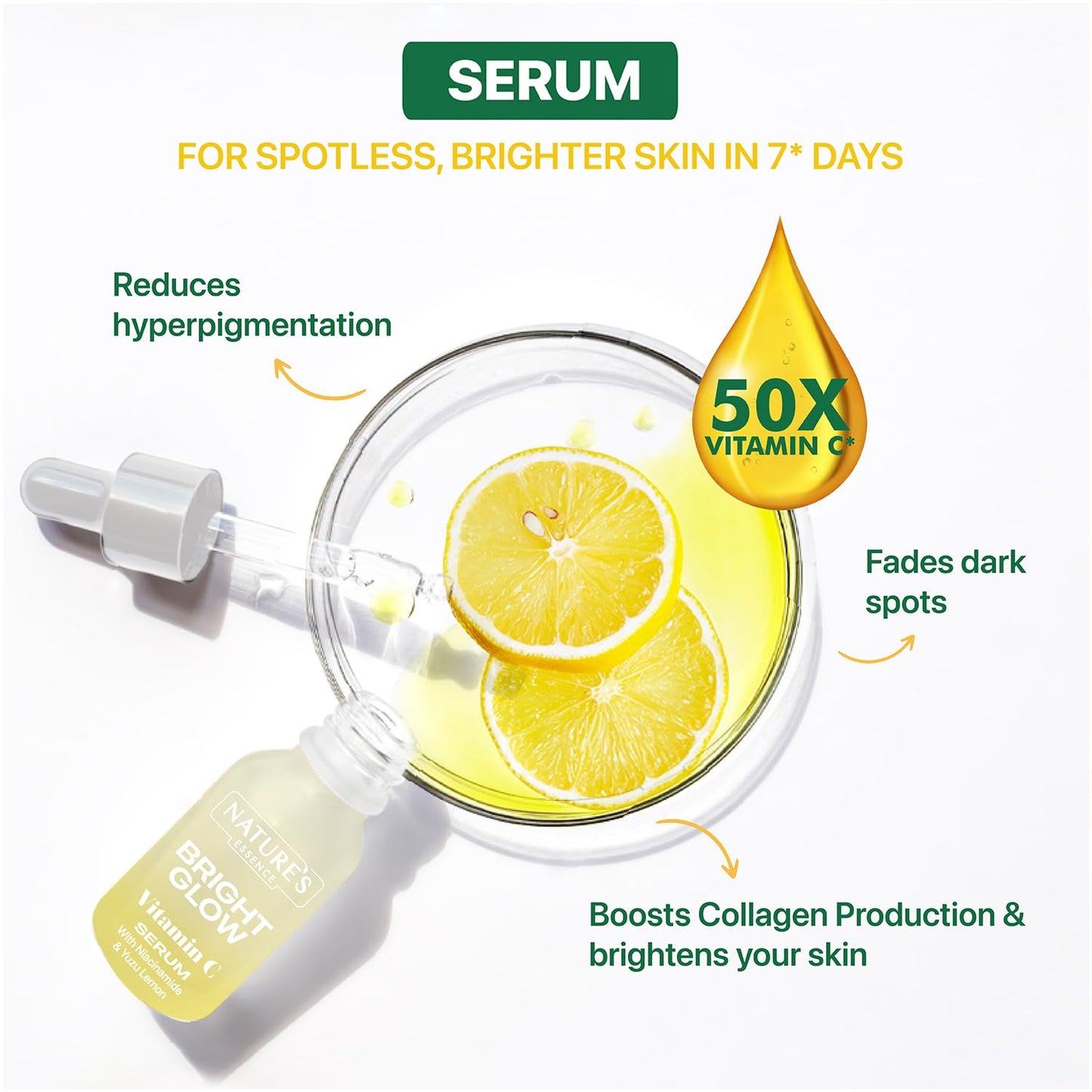 Nature's Essence Bright Glow Vitamin C Face Serum for Men & Women | Brightens & Gives Glow | Fades Dark Spots | Vitamin C Serum for Glowing Skin | For All Skin Types | Beginner Friendly| 12ml