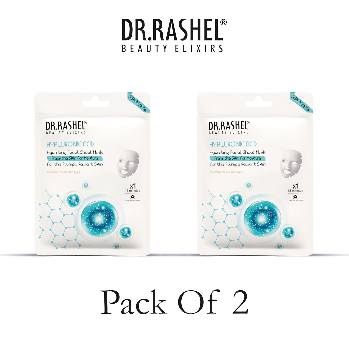 DR.RASHEL Hyaluronic Face Sheet Mask With Serum For Women and Men | All Skin Types | Soft and Healthy Skin | Deep Cleansing & Oil Control | Repairing & Nourishment | Soothing And Hydrating | Paraben Free | Pack Of 2 | 20 Grams Each