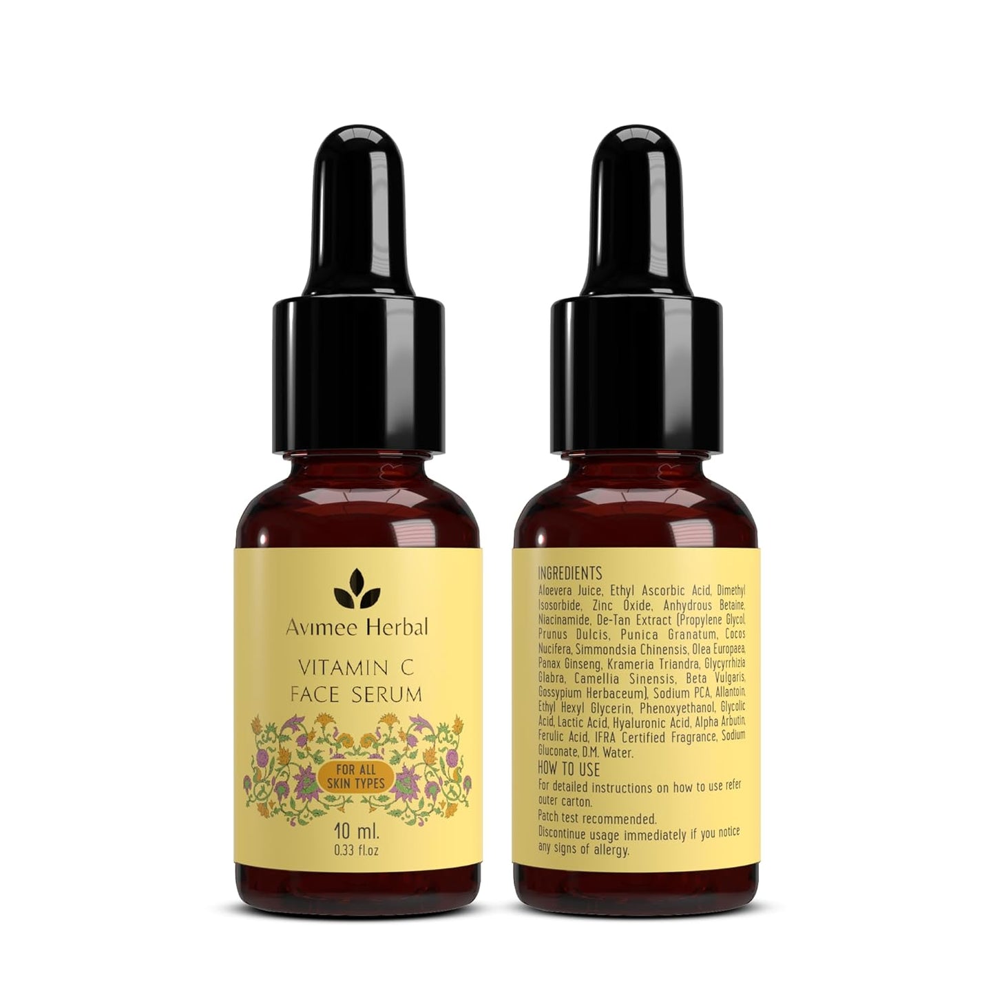 Avimee Herbal 10% Vitamin C Face Serum with Hyaluronic Acid for Glowing Skin | Non Irritating, Safe for Sensitive Skin | Non Sticky | Clinically Proven Formula | For Men and Women (10 ml)