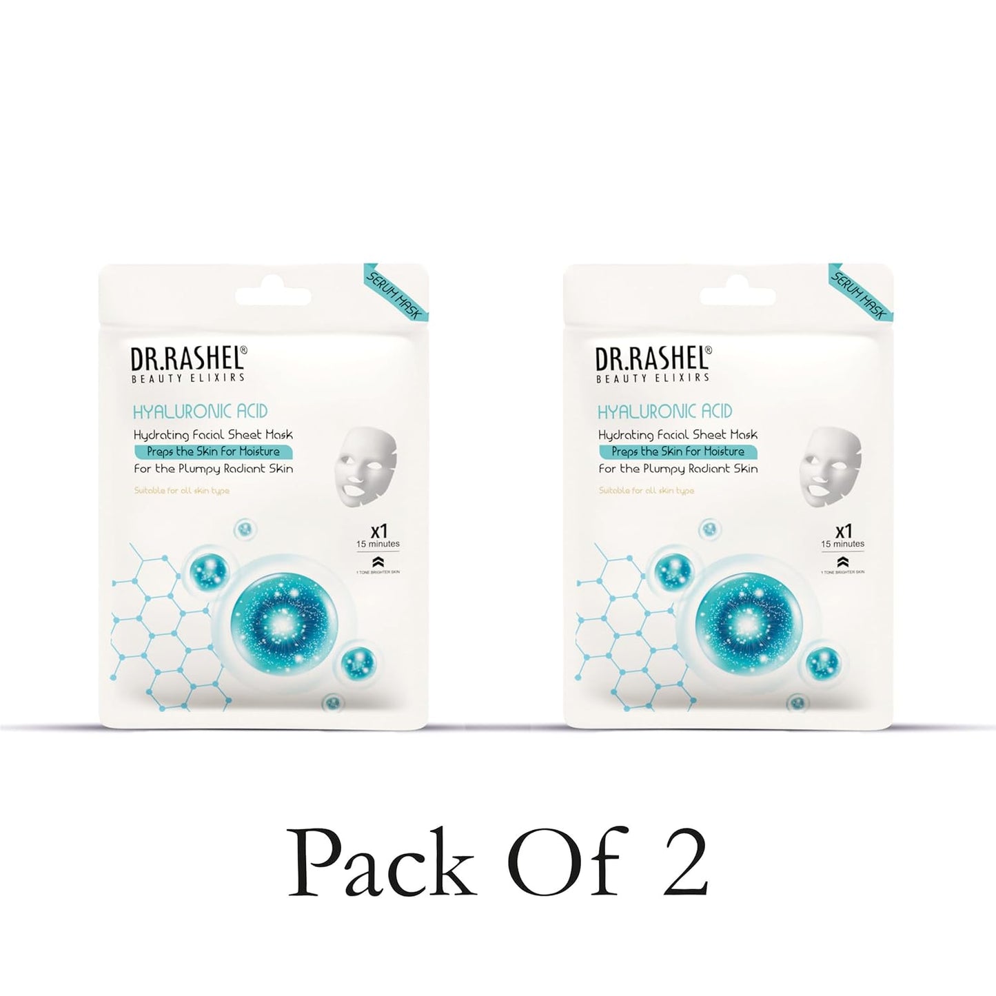 DR.RASHEL Hyaluronic Face Sheet Mask With Serum For Women and Men | All Skin Types | Soft and Healthy Skin | Deep Cleansing & Oil Control | Repairing & Nourishment | Soothing And Hydrating | Paraben Free | Pack Of 2 | 20 Grams Each