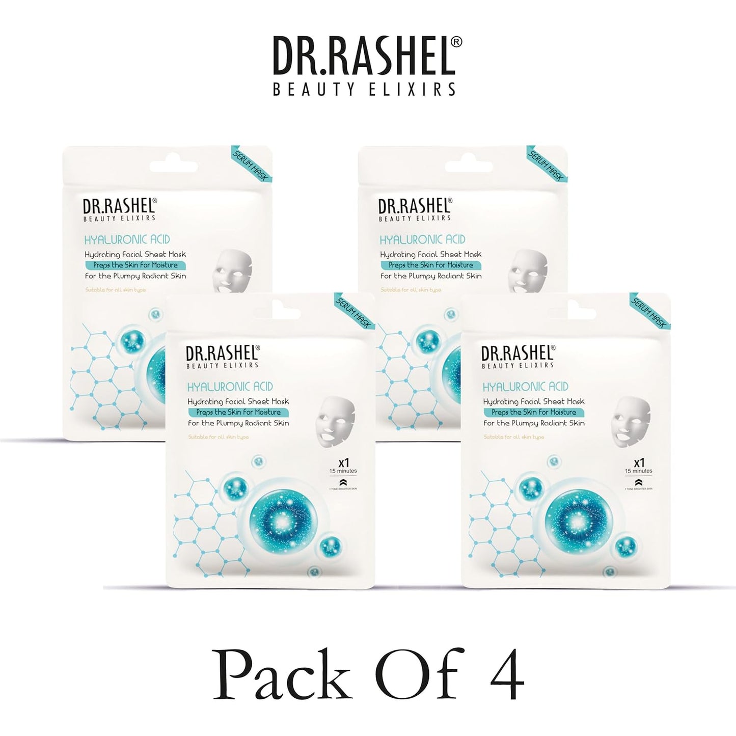 DR.RASHEL Hyaluronic Face Sheet Mask With Serum For Women and Men | All Skin Types | Soft and Healthy Skin | Deep Cleansing & Oil Control | Repairing & Nourishment | Soothing And Hydrating | Paraben Free | Pack Of 2 | 20 Grams Each