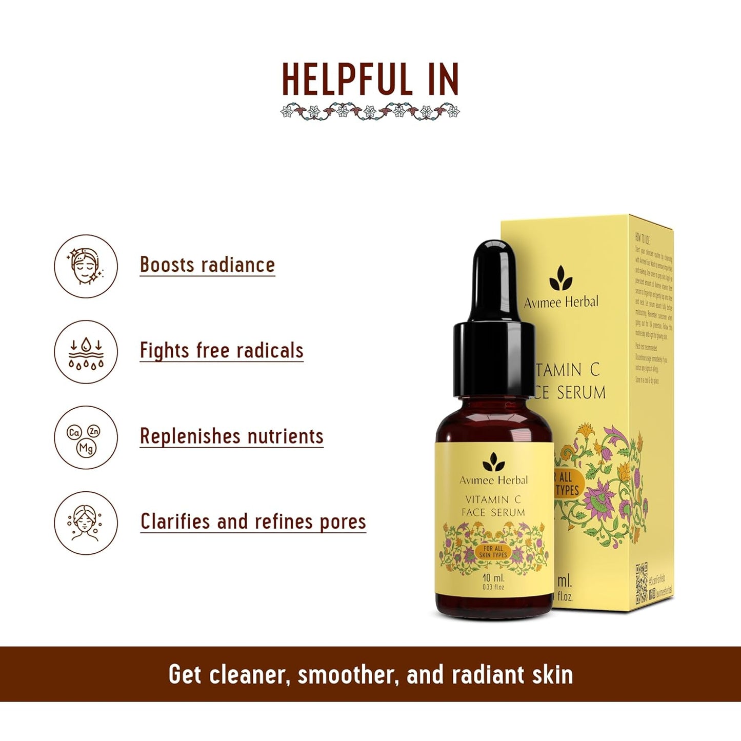 Avimee Herbal 10% Vitamin C Face Serum with Hyaluronic Acid for Glowing Skin | Non Irritating, Safe for Sensitive Skin | Non Sticky | Clinically Proven Formula | For Men and Women (10 ml)