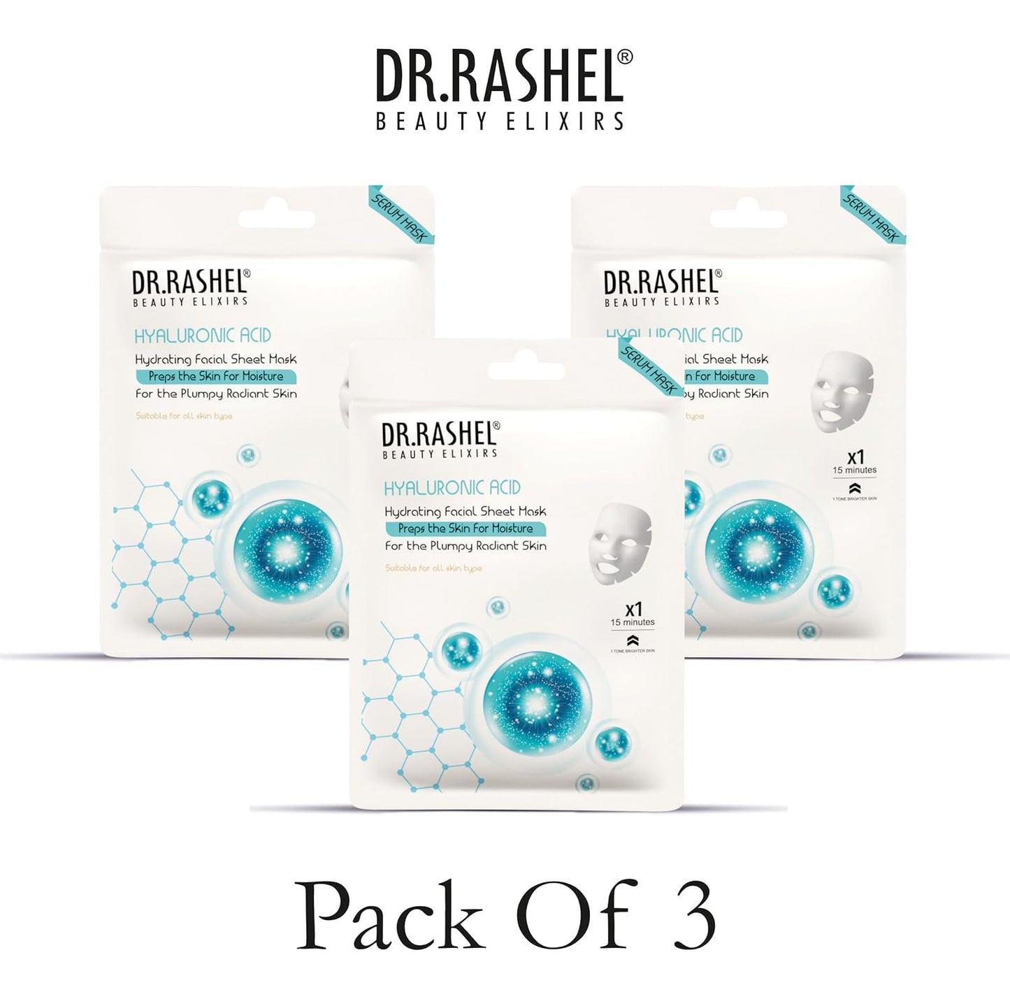DR.RASHEL Hyaluronic Face Sheet Mask With Serum For Women and Men | All Skin Types | Soft and Healthy Skin | Deep Cleansing & Oil Control | Repairing & Nourishment | Soothing And Hydrating | Paraben Free | Pack Of 2 | 20 Grams Each