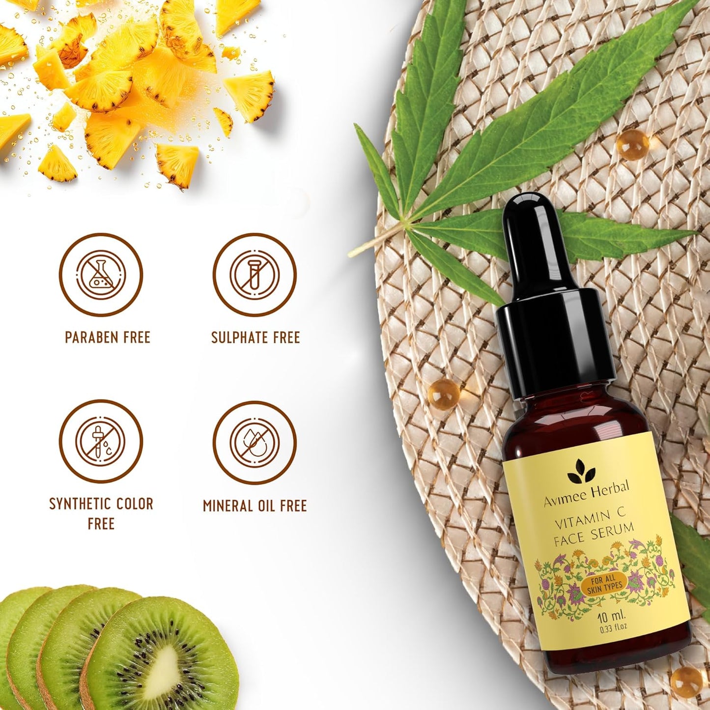 Avimee Herbal 10% Vitamin C Face Serum with Hyaluronic Acid for Glowing Skin | Non Irritating, Safe for Sensitive Skin | Non Sticky | Clinically Proven Formula | For Men and Women (10 ml)