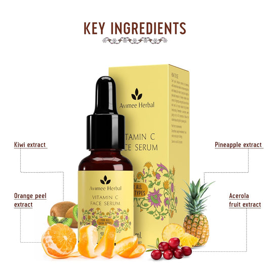 Avimee Herbal 10% Vitamin C Face Serum with Hyaluronic Acid for Glowing Skin | Non Irritating, Safe for Sensitive Skin | Non Sticky | Clinically Proven Formula | For Men and Women (10 ml)