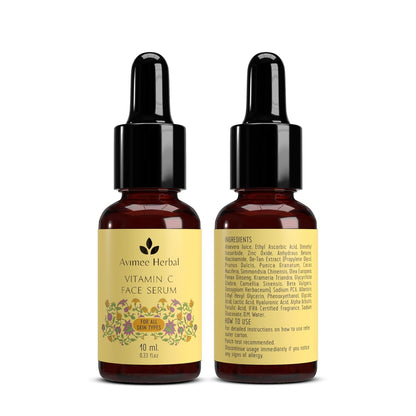 Avimee Herbal 10% Vitamin C Face Serum with Hyaluronic Acid for Glowing Skin | Non Irritating, Safe for Sensitive Skin | Non Sticky | Clinically Proven Formula | For Men and Women (10 ml)