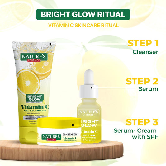 Nature's Essence Bright Glow Vitamin C Face Serum for Men & Women | Brightens & Gives Glow | Fades Dark Spots | Vitamin C Serum for Glowing Skin | For All Skin Types | Beginner Friendly| 12ml